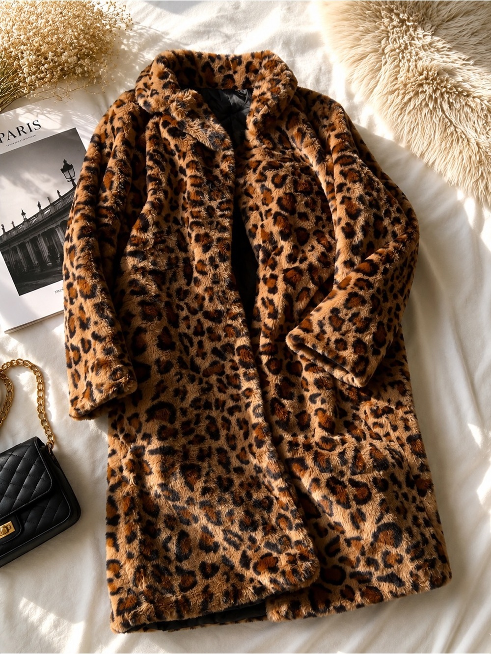 Leopard Print Teddy Coat - Women's Brown Faux Fur Jacket